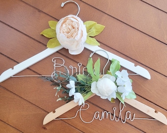 Bundle - Bride Hanger Flower Girl Hanger With Flowers Name Wood Hanger Bride Bridal Shower Gift Bridesmaid Maid of Honor Custom Personalized