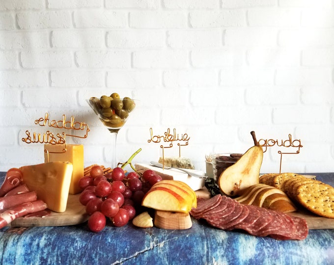 Wire Cheese Markers - Rustic Cheese Marker - Wine and Cheese - Gold - Copper - Rose Gold - Cheese Picks - Cheese Board - Cheese Tags