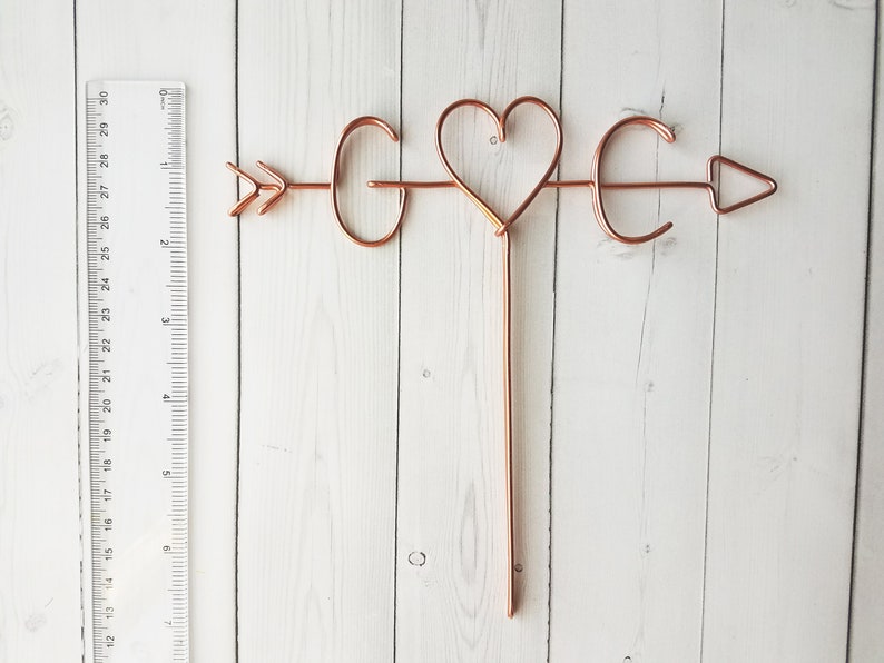 Arrow & Initials Cake Topper Rustic Wire Personalized Custom Chic Name Wedding Heart Reusable Metal Industrial Copper Gold Elegant Simple image 6