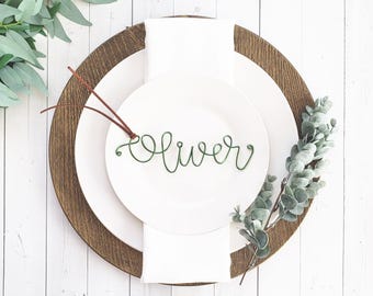 Custom Wire Name Place Setting Wedding Favor Card Calligraphy Tag Word Suede Table Decor Modern Rustic Chic Boho Bespoke Personalized