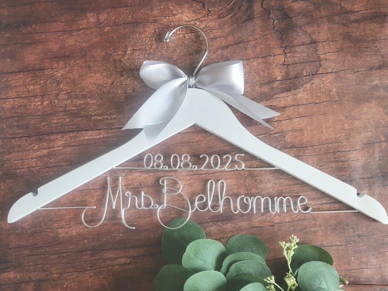 Wedding Hanger Name Date Ribbon Wood Wire Personalized Custom Bridal Bride Shower Gift Modern Fairytale Garden Classic Chic Regal Elegant