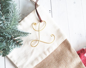 Custom Wire Initial Stocking Tags Monogram Suede Leather Bauble Ornament Modern Rustic Chic Boho Bespoke Personalized Christmas Tree Holiday