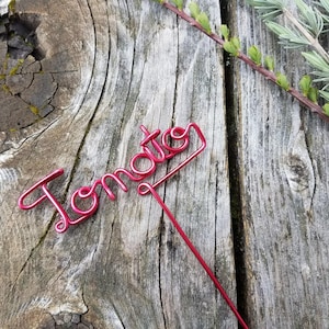 Peut inclure: Un marque-plante en métal rouge avec le mot "Tomate" écrit en cursive.