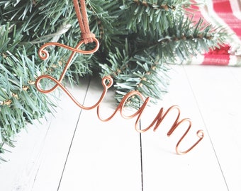 Custom Wire Name Ornament Suede Leather Cord Bauble Rustic Modern Personalized Christmas Tree Holiday First Gift Chic