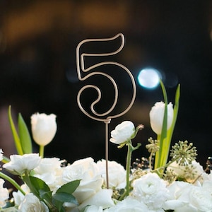 May include: A gold wire table number five, surrounded by white flowers. The number is in a modern, stylized font.