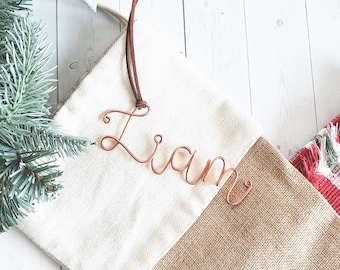 Custom Wire Name Stocking Tags Monogram Suede Leather Bauble Ornament Modern Rustic Chic Boho Bespoke Personalized Christmas Tree Holiday