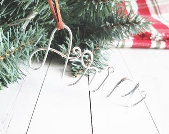 Custom Wire Name Ornament Suede Leather Cord Bauble Rustic Modern Personalized Christmas Tree Holiday First Gift Chic