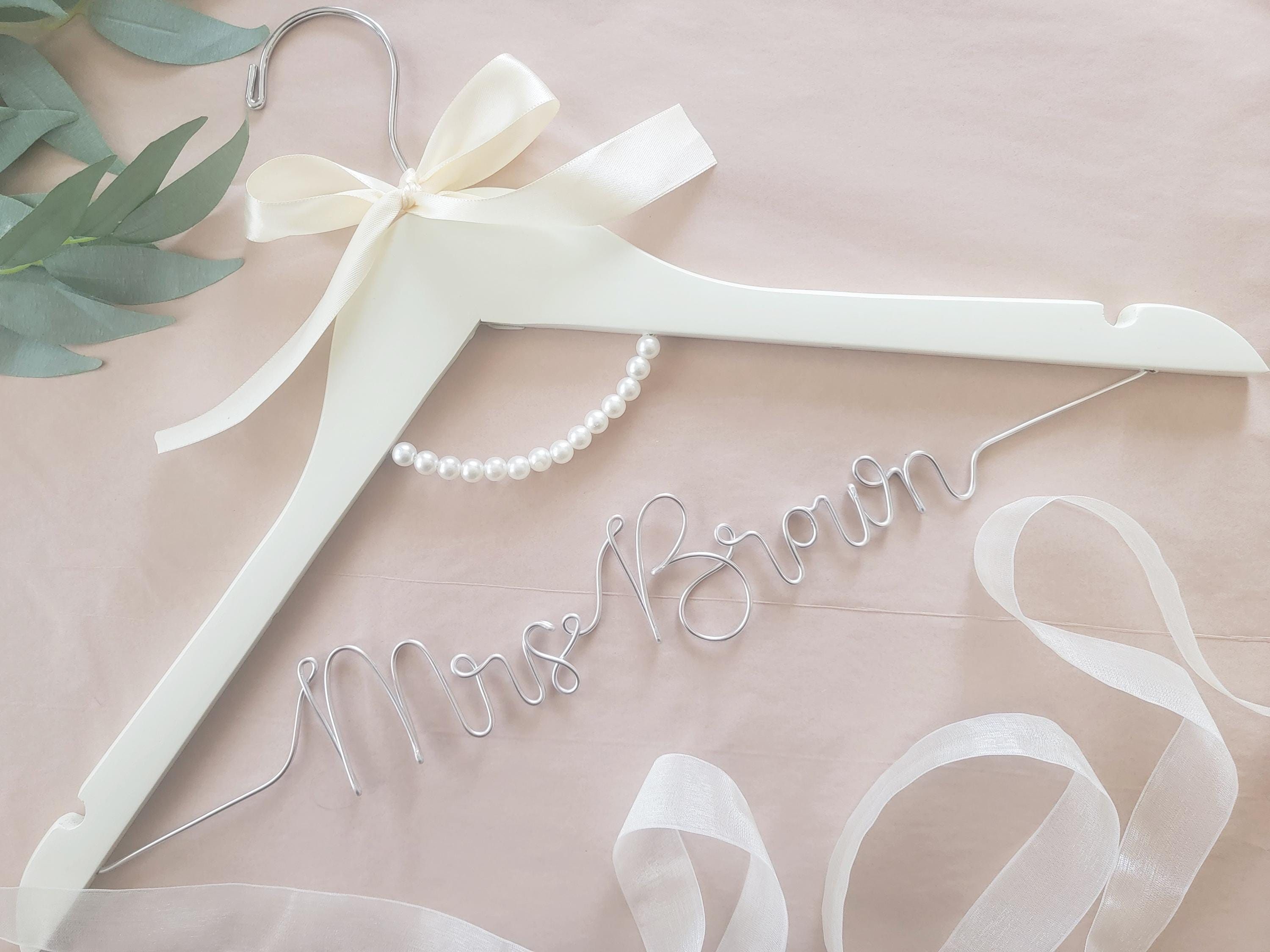 Custom Wedding Hanger Name Ribbon Pearls Wood Wire Personalized Hanger Bridal Hanger Bride Shower Gift Bridesmaid Elegant Vintage Classic