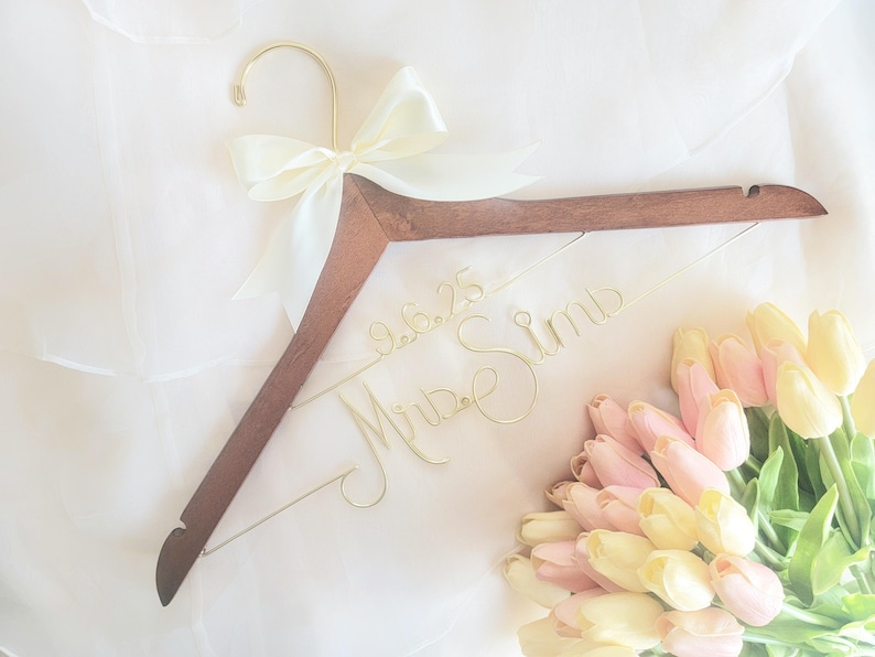 Wedding Hanger Name Date Ribbon Wood Wire Personalized Custom Bridal Bride Shower Gift Modern Fairytale Garden Classic Chic Regal Elegant