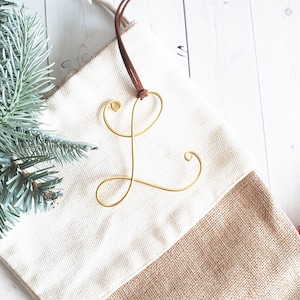 Custom Wire Initial Stocking Tags Monogram Suede Leather Bauble Ornament Modern Rustic Chic Boho Bespoke Personalized Christmas Tree Holiday