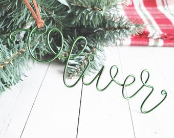 Custom Wire Name Ornament Suede Leather Cord Bauble Rustic Modern Personalized Christmas Tree Holiday First Gift Chic