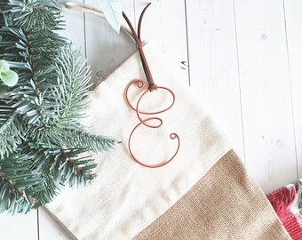 Custom Wire Initial Stocking Tags Monogram Suede Leather Bauble Ornament Modern Rustic Chic Boho Bespoke Personalized Christmas Tree Holiday