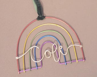 Rainbow Name Wire Ornament Ribbon Suede Leather Cord Bauble Rustic Modern Personalized Christmas Tree Holiday Gift Chic Gay LGBTQ