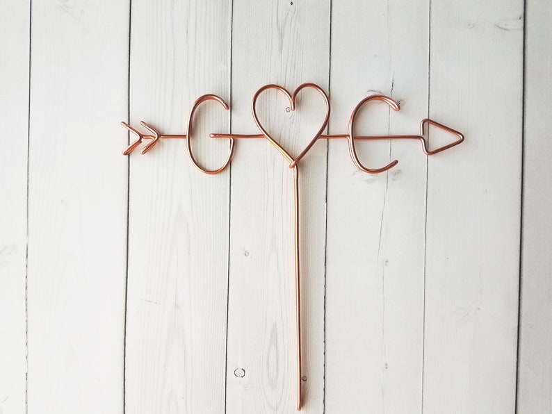 Arrow & Initials Cake Topper Rustic Wire Personalized Custom Chic Name Wedding Heart Reusable Metal Industrial Copper Gold Elegant Simple image 5
