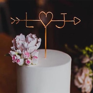 Arrow & Initials Cake Topper Rustic Wire Personalized Custom Chic Name Wedding Heart Reusable Metal Industrial Copper Gold Elegant Simple