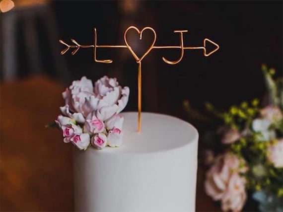 Arrow & Initials Cake Topper Rustic Wire Personalized Custom Chic Name Wedding Heart Reusable Metal Industrial Copper Gold Elegant Simple