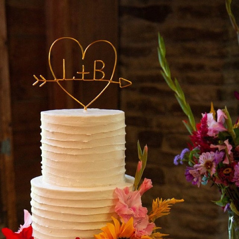 Monogram Initials Arrow Heart Wire Rustic Chic Wedding Cake Topper Custom Personalized Anniversary Reusable Metal Industrial Elegant Simple image 2