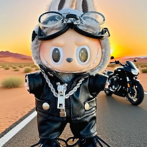 Biker Style Labubu Doll Outfit Set – Black Faux Leather Jacket, Pants, Boots, Chain and Goggles – Streetwear Clothes for Collectible Dolls