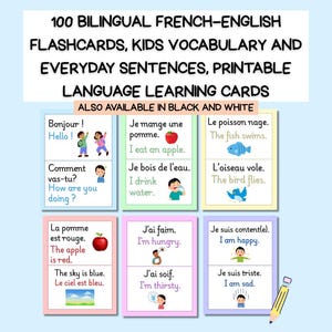 100 Bilingual French–English Flashcards, Kids Vocabulary and Everyday Sentences, Printable Language Learning Cards