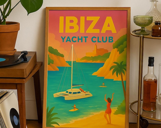 Ibiza Yacht Club Poster | Vintage Travel Wall Art Print | Spanish Nautical Decor | Retro Sailboat Artwork | Ibiza Wall Decor