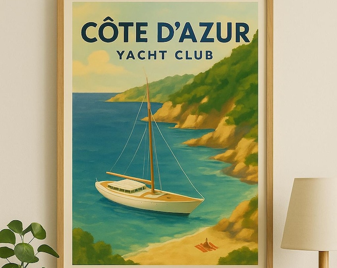 Côte d’Azur Yacht Club Poster | French Riviera Travel Print | Vintage Coastal Wall Art | Nautical Digital Download Beach Décor