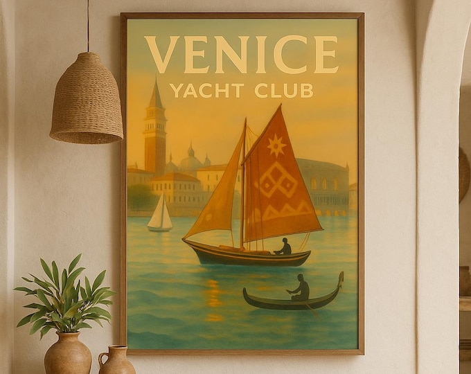 Venice Yacht Club Poster | Vintage Travel Wall Art Print | Italian Nautical Decor | Retro Sailboat Artwork | Gondola Venice Wall Decor