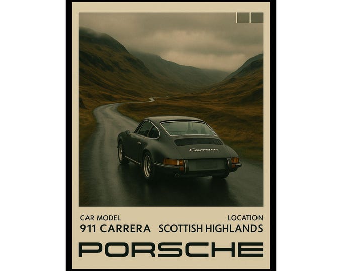 Vintage Porsche Poster, 911 carrera Artwork for Home Decor, Automotive Wall Art, Gift for Car Lovers, Scottish Highlands Decor