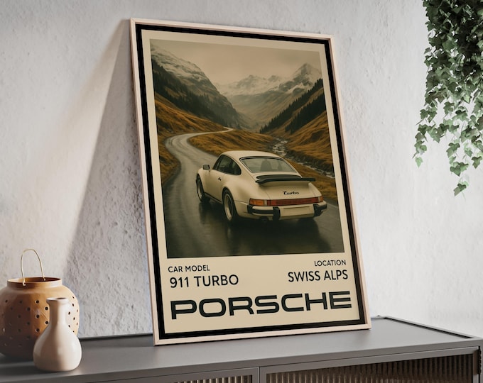 Porsche Turbo Poster with Wooden Frame, Retro Wall Art, Porsche Decor, Automotive Gift, Home Office Decoration