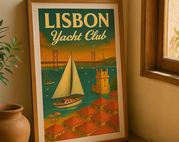 Lisbon Yacht Club Poster | Vintage Travel Wall Art Print | Portuguese Nautical Decor | Retro Sailboat Artwork | Lisbon Wall Decor