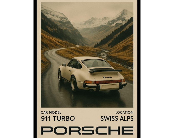 Vintage Porsche Poster, 911 Turbo Artwork for Home Decor, Automotive Wall Art, Gift for Car Lovers, Swiss Alps Decor