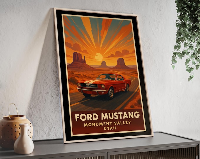 Ford Mustang Poster with Wooden Frame, Retro Wall Art, Mustang Decor, Automotive Gift, Home Office Decoration