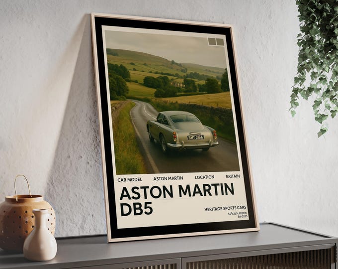 Framed Poster, Aston Martin DB5, British Landscape, Vintage Style, Decor Wall Art, Gift Idea, Home Office Decoration, Retro Car Print,