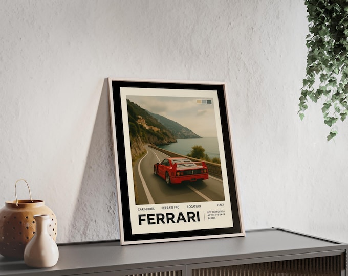 Ferrari F40 Vintage Style Poster, Italian Coast Landscape with Wooden Frame, Wall Art Decor, Home Office Decoration, Gift for Car