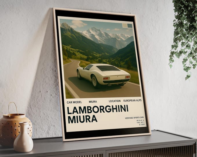 Lamborghini Miura Framed Poster, Vintage Style, Retro style, Italian Landscape