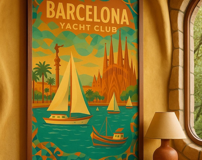 Barcelona Yacht Club Poster | Vintage Travel Wall Art Print | Spanish Nautical Decor | Retro Sailboat Artwork | Barcelona Wall Decor