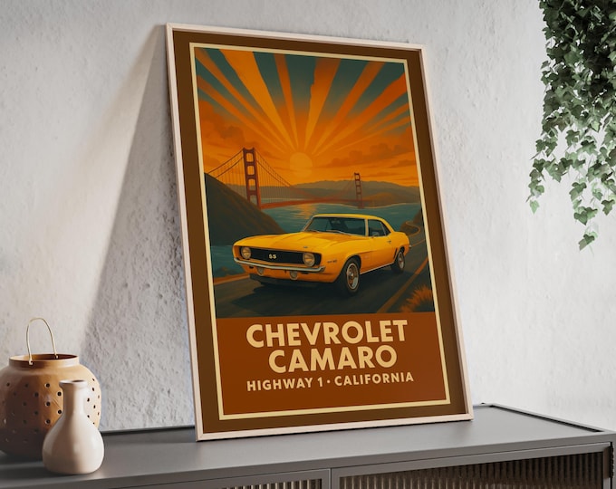 Vintage Chevrolet Camaro Framed Poster, Classic American Landscape, Rustic Wall Decor, Man Cave Art, Garage Decoration, Automotive Gift