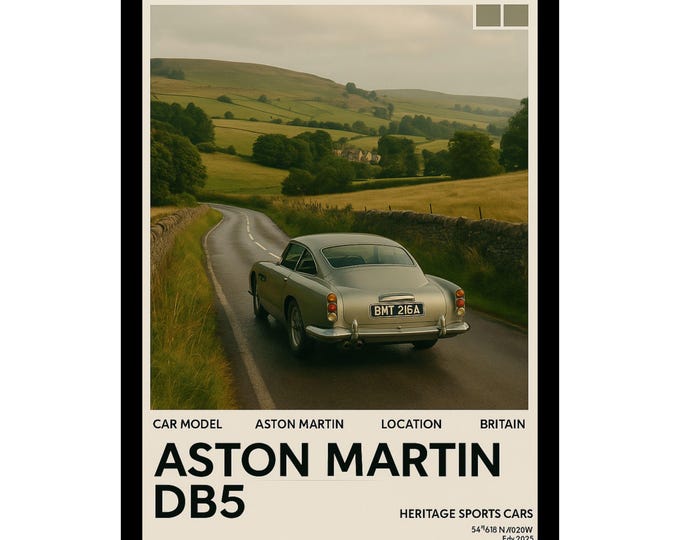 Vintage Style Aston Martin DB5 Poster, Matte Vertical Print for Car Enthusiasts - Wall Art, Home Decor, Man Cave, Gift for Him, Father's Day
