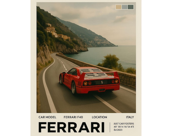 Ferrari F40 Poster, Matte Print, Vintage Italian Coast Landscape Decor, Wall Art Print, Gift for Car Enthusiasts, Home Office Decor