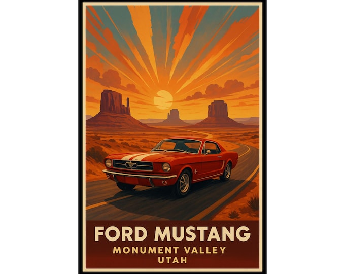 Vintage Ford Mustang Poster, Retro Wall Art, Car Enthusiast Gift, American Muscle Car Decor, Vintage Automobile Artwork