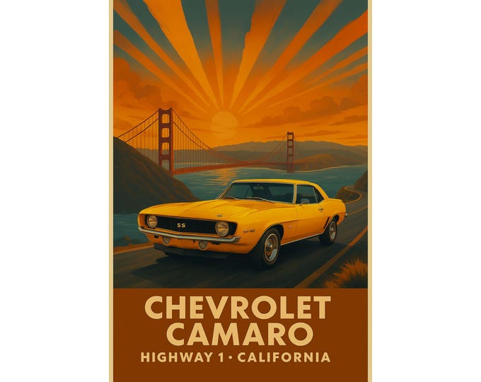 Vintage Chevrolet Camaro Matte Vertical Poster, Classic American Landscape, Retro Style Wall Art Print, Man Cave Decor, Car Enthusiast