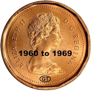 Può includere: Una moneta color oro con il profilo della regina Elisabetta II, con la scritta "ELIZABETH II D.G. REGINA" sul bordo. Il testo "1960 to 1969" è stampato al centro della moneta. Un piccolo marchio "GT" è in basso.