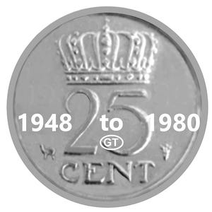 Puede incluir: Una moneda plateada con una corona, el número 25 y la palabra "CENT". La moneda también tiene el texto "1948 a 1980" y las letras "GT".
