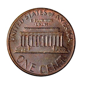May include: A copper-colored United States one cent coin featuring the Lincoln Memorial on the reverse side. The text reads UNITED STATES OF AMERICA, E PLURIBUS UNUM, and ONE CENT. The coin has a circular shape with a metallic, weathered finish.