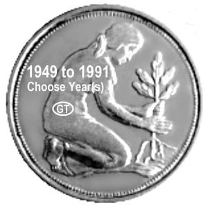 May include: A silver coin featuring a kneeling figure planting a sprig. The coin has the text "1949 to 1991 Choose Year(s)" and the letters "GT". The coin has a detailed edge.