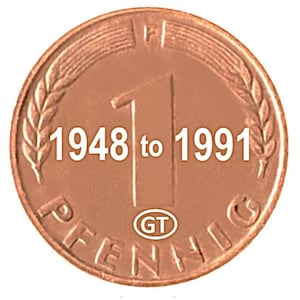 May include: A copper-colored coin with the text "1948 to 1991" in white. The coin features the word "PFENNIG" and the number "1". A small "GT" is inside a circle. The coin is surrounded by a wheat-like design.