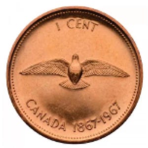 Op de afbeelding: Een koperkleurige Canadese munt van één cent. De munt toont een gestileerde vogel met uitgespreide vleugels in het midden. De tekst "1 CENT" staat bovenaan en "CANADA 1867-1967" staat langs de onderste rand.