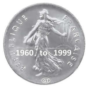 Könnte beinhalten: Eine silberne Münze mit einer Darstellung einer Frau in Gewändern, mit der Aufschrift "REPUBLIQUE FRANCAISE" und den Jahren "1960 bis 1999". Die Münze hat ein detailliertes Design und eine kreisförmige Form.