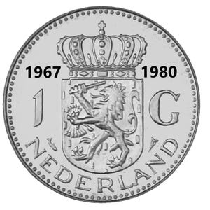 May include: A silver Dutch coin featuring a crowned lion holding a sword and arrows within a shield. The coin has the text "NEDERLAND" around the edge, with the years 1967 and 1980 visible. The coin also has the number "1" and the letter "G".