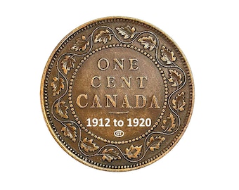 May include: A copper-colored Canadian one-cent coin. The coin features the text "ONE CENT CANADA" and "1912 to 1920". The coin is encircled by a decorative border of leaves and dots.