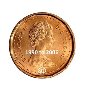 May include: A copper-colored coin featuring a profile of a woman, with the text "ELIZABETH II D. G. REGINA" around the edge. The text "1990 to 2006" is displayed on the coin.